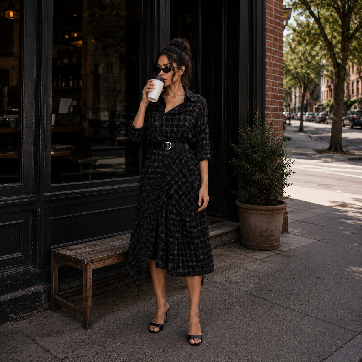 Black & Tobacco Peasant Dress